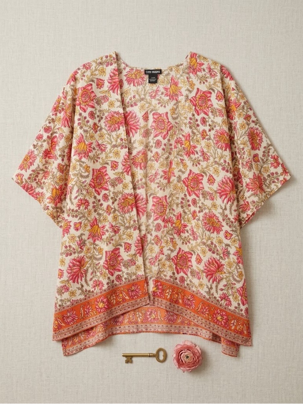 Steve Madden Cream Floral Kimono with Pink & Yellow Accents